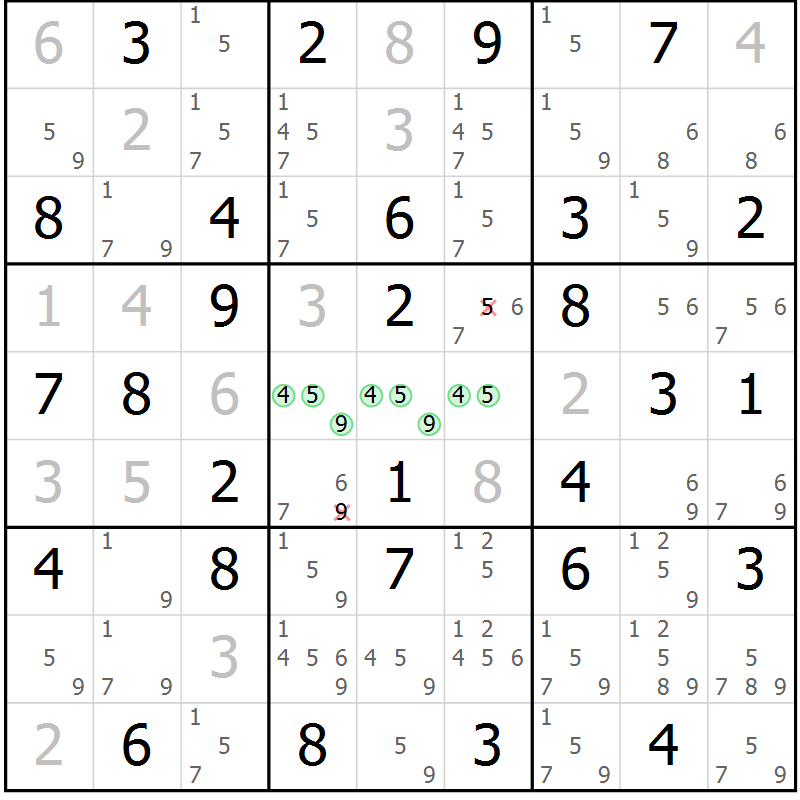 Position des candidats pour la solution de la Gr 10 page 13 du magazine de sudoku Giga sudoku niv 6-8 n° 032