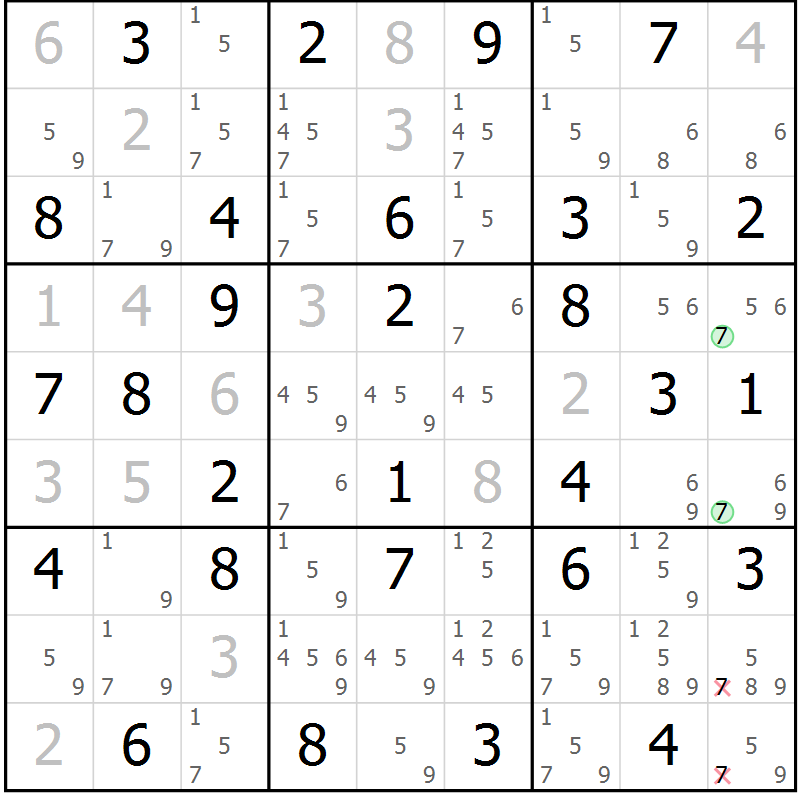 Position des candidats pour la solution de la Gr 10 page 13 du magazine de sudoku Giga sudoku niv 6-8 n° 032