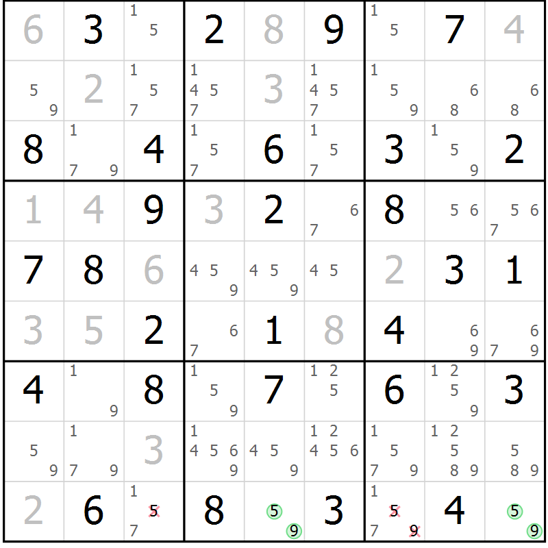 Position des candidats pour la solution de la Gr 10 page 13 du magazine de sudoku Giga sudoku niv 6-8 n° 032