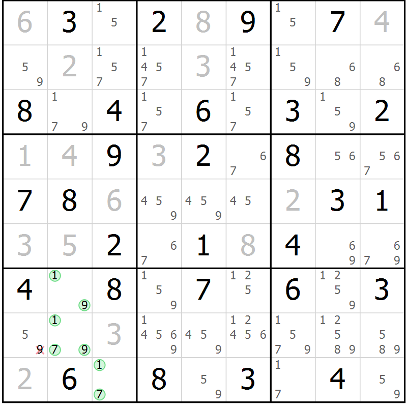 Position des candidats pour la solution de la Gr 10 page 13 du magazine de sudoku Giga sudoku niv 6-8 n° 032