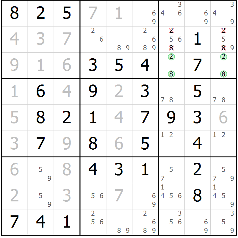 Position des candidats pour la solution de la Gr 101 page 104 du magazine de sudoku Giga sudoku niv 6-8 n° 032