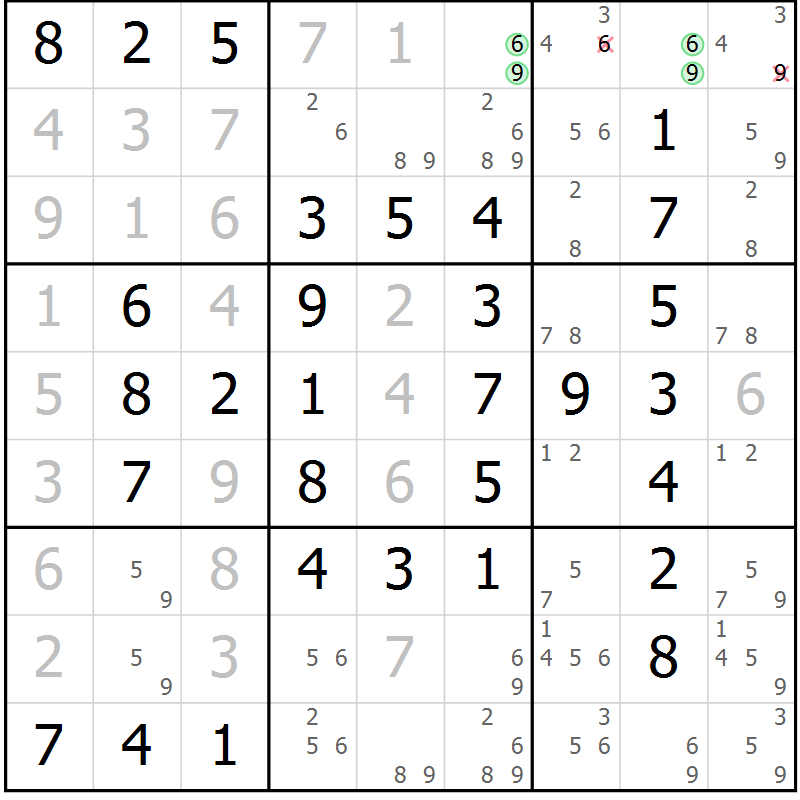 Position des candidats pour la solution de la Gr 101 page 104 du magazine de sudoku Giga sudoku niv 6-8 n° 032