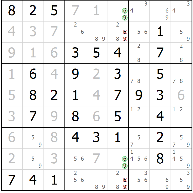 Position des candidats pour la solution de la Gr 101 page 104 du magazine de sudoku Giga sudoku niv 6-8 n° 032