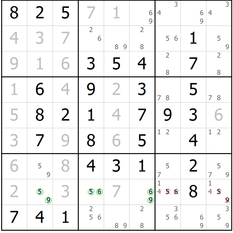 Position des candidats pour la solution de la Gr 101 page 104 du magazine de sudoku Giga sudoku niv 6-8 n° 032