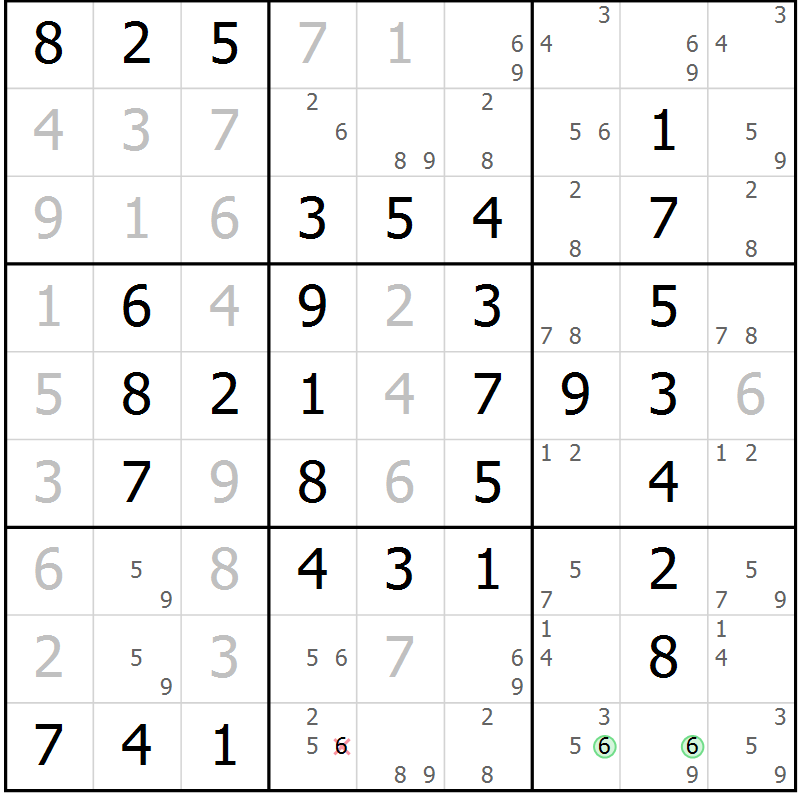 Position des candidats pour la solution de la Gr 101 page 104 du magazine de sudoku Giga sudoku niv 6-8 n° 032