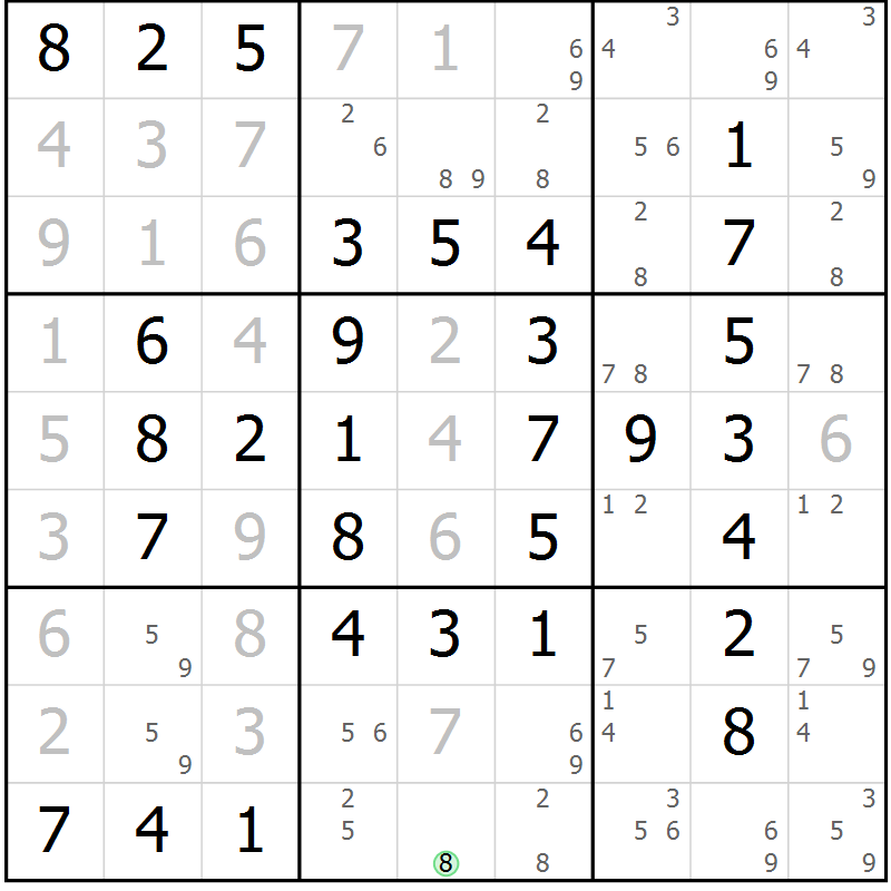Position des candidats pour la solution de la Gr 101 page 104 du magazine de sudoku Giga sudoku niv 6-8 n° 032