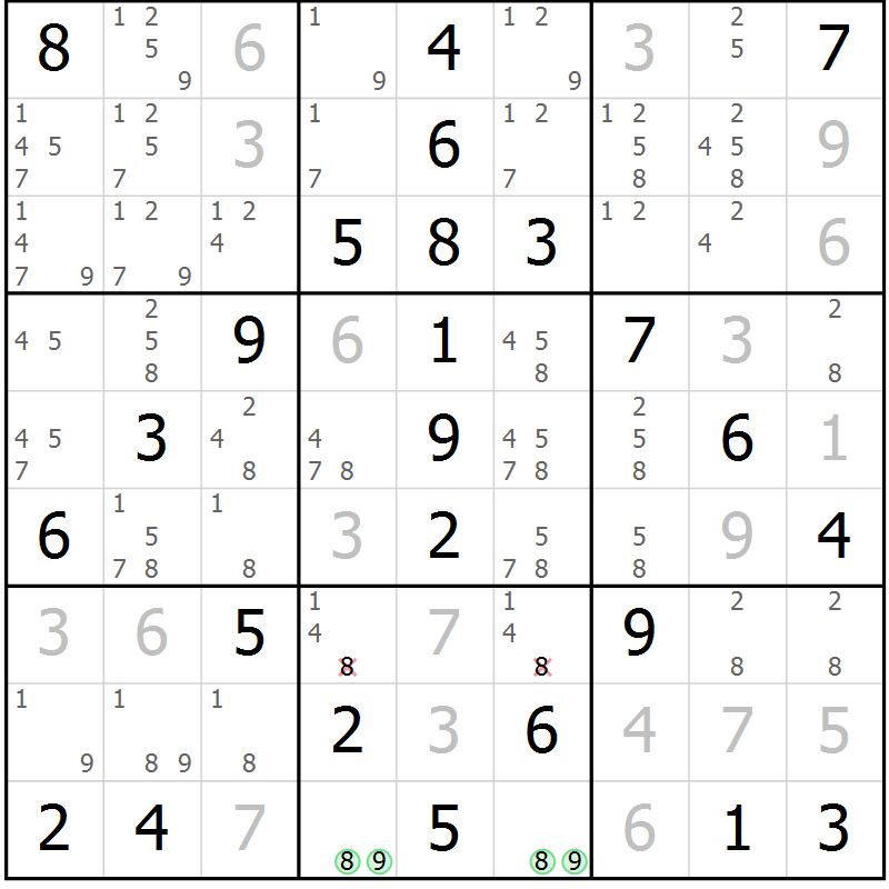 Position des candidats pour la solution de la Gr 102 page 105 du magazine de sudoku Giga sudoku niv 6-8 n° 032