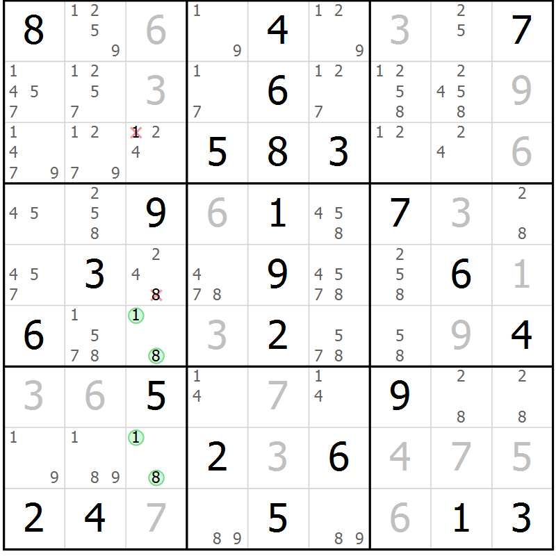 Position des candidats pour la solution de la Gr 102 page 105 du magazine de sudoku Giga sudoku niv 6-8 n° 032