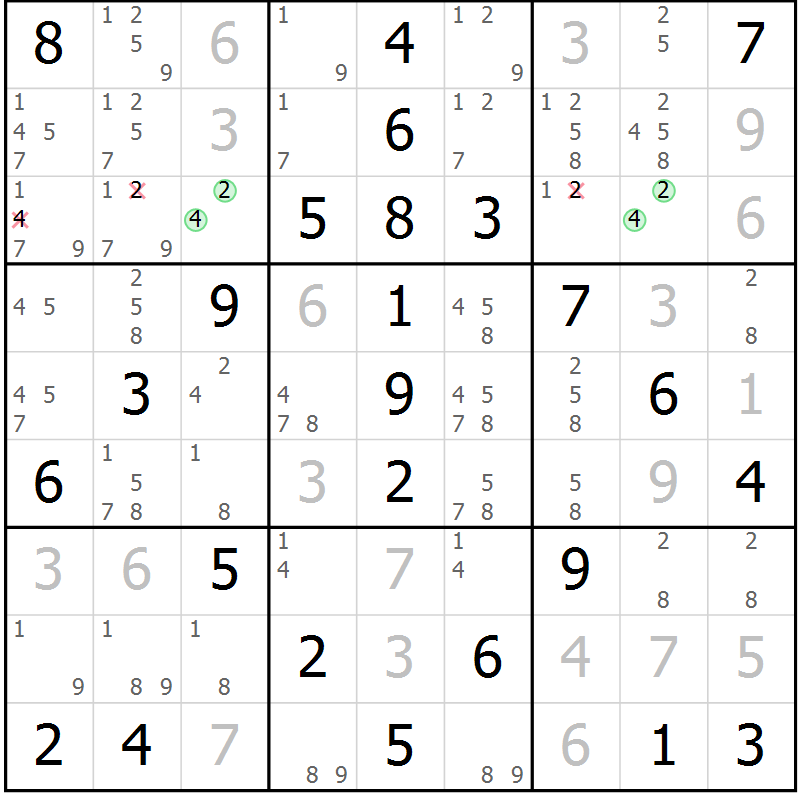 Position des candidats pour la solution de la Gr 102 page 105 du magazine de sudoku Giga sudoku niv 6-8 n° 032