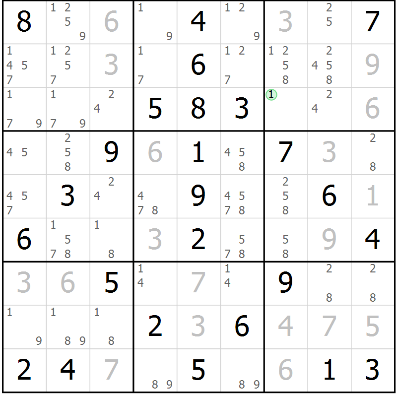 Position des candidats pour la solution de la Gr 102 page 105 du magazine de sudoku Giga sudoku niv 6-8 n° 032