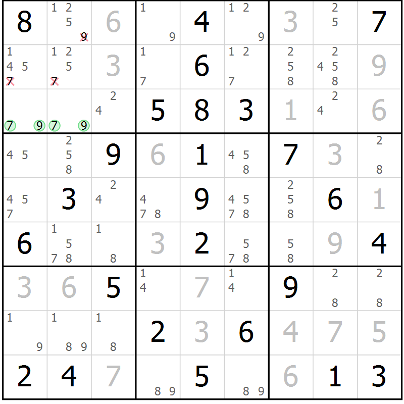 Position des candidats pour la solution de la Gr 102 page 105 du magazine de sudoku Giga sudoku niv 6-8 n° 032