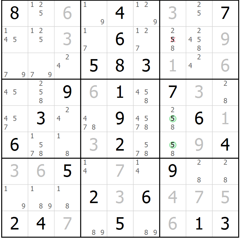 Position des candidats pour la solution de la Gr 102 page 105 du magazine de sudoku Giga sudoku niv 6-8 n° 032