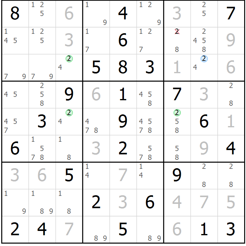 Position des candidats pour la solution de la Gr 102 page 105 du magazine de sudoku Giga sudoku niv 6-8 n° 032