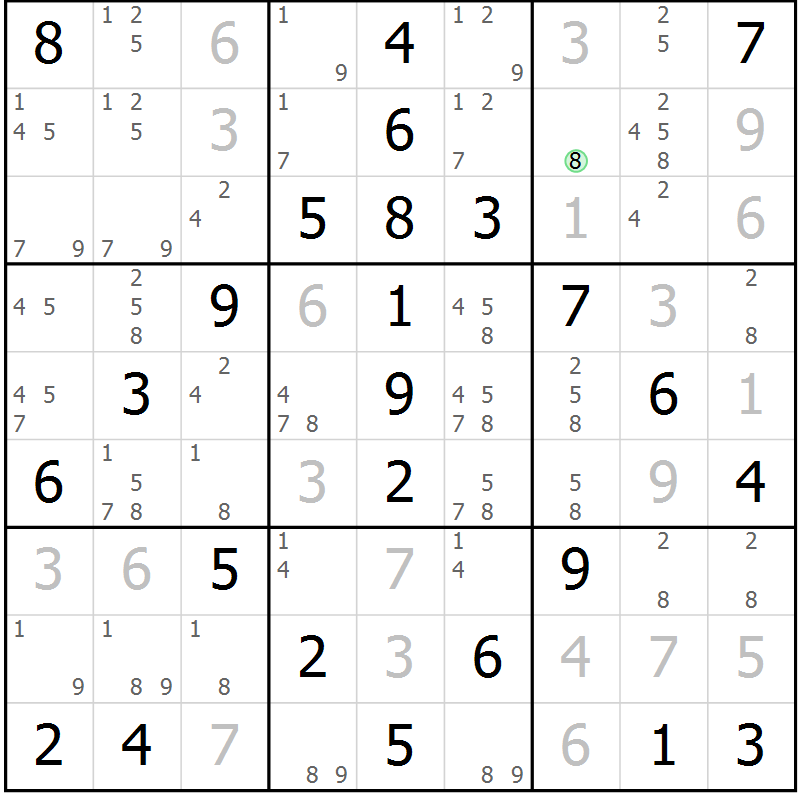 Position des candidats pour la solution de la Gr 102 page 105 du magazine de sudoku Giga sudoku niv 6-8 n° 032