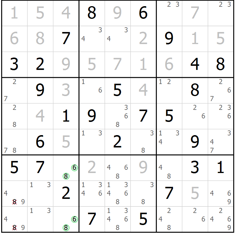 Position des candidats pour la solution de la Gr 103 page 106 du magazine de sudoku Giga sudoku niv 6-8 n° 032