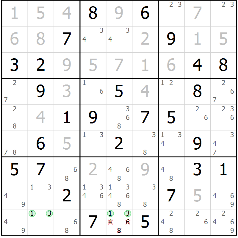 Position des candidats pour la solution de la Gr 103 page 106 du magazine de sudoku Giga sudoku niv 6-8 n° 032