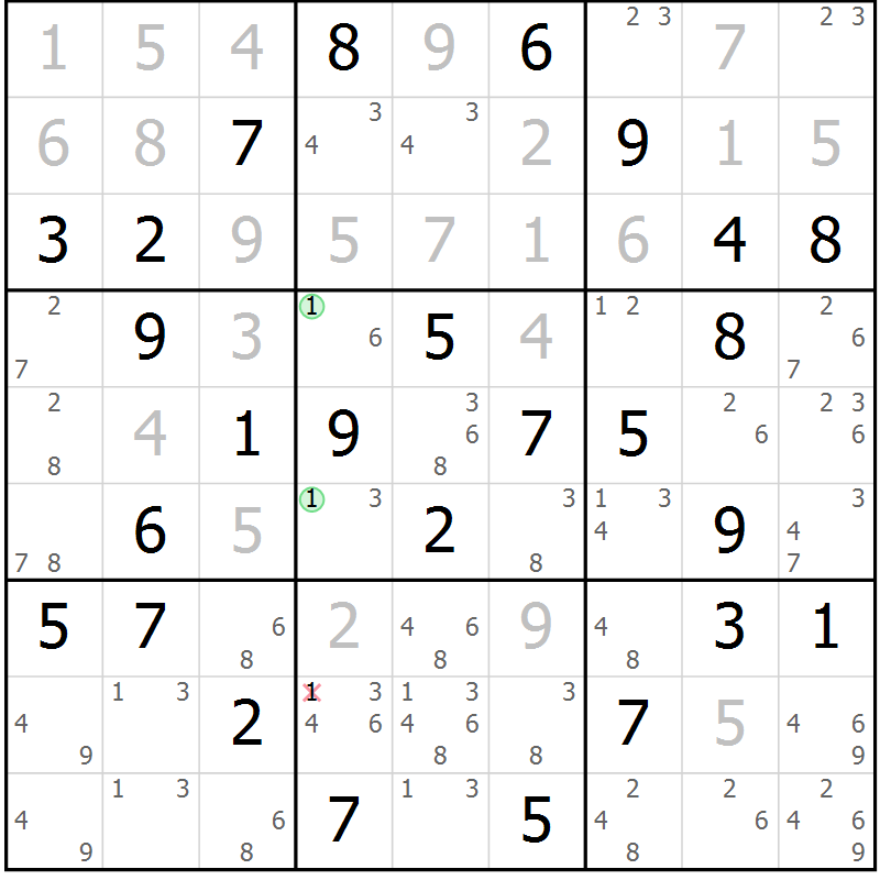 Position des candidats pour la solution de la Gr 103 page 106 du magazine de sudoku Giga sudoku niv 6-8 n° 032