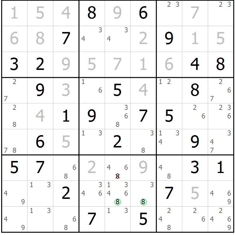 Position des candidats pour la solution de la Gr 103 page 106 du magazine de sudoku Giga sudoku niv 6-8 n° 032