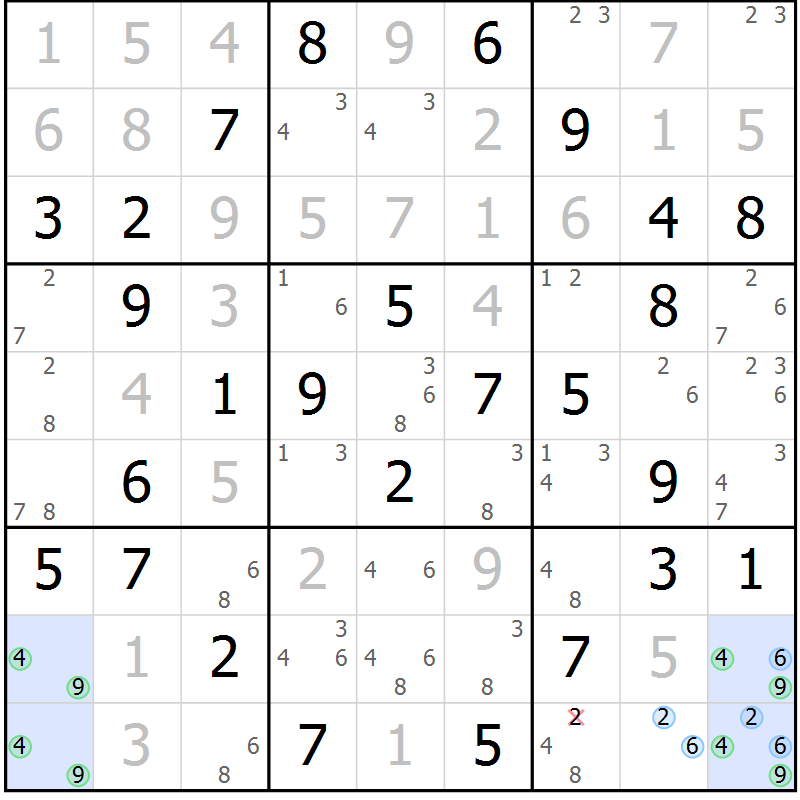 Position des candidats pour la solution de la Gr 103 page 106 du magazine de sudoku Giga sudoku niv 6-8 n° 032