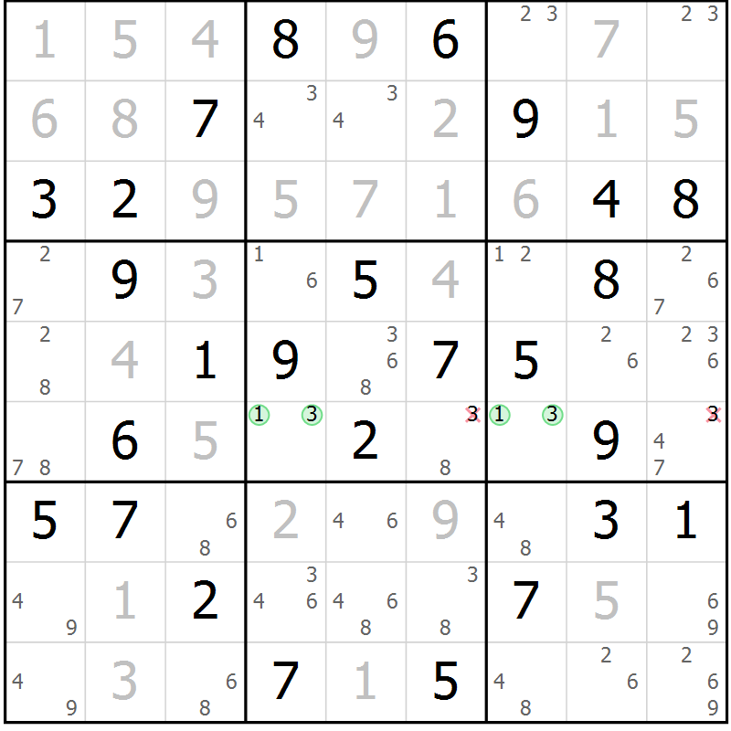 Position des candidats pour la solution de la Gr 103 page 106 du magazine de sudoku Giga sudoku niv 6-8 n° 032