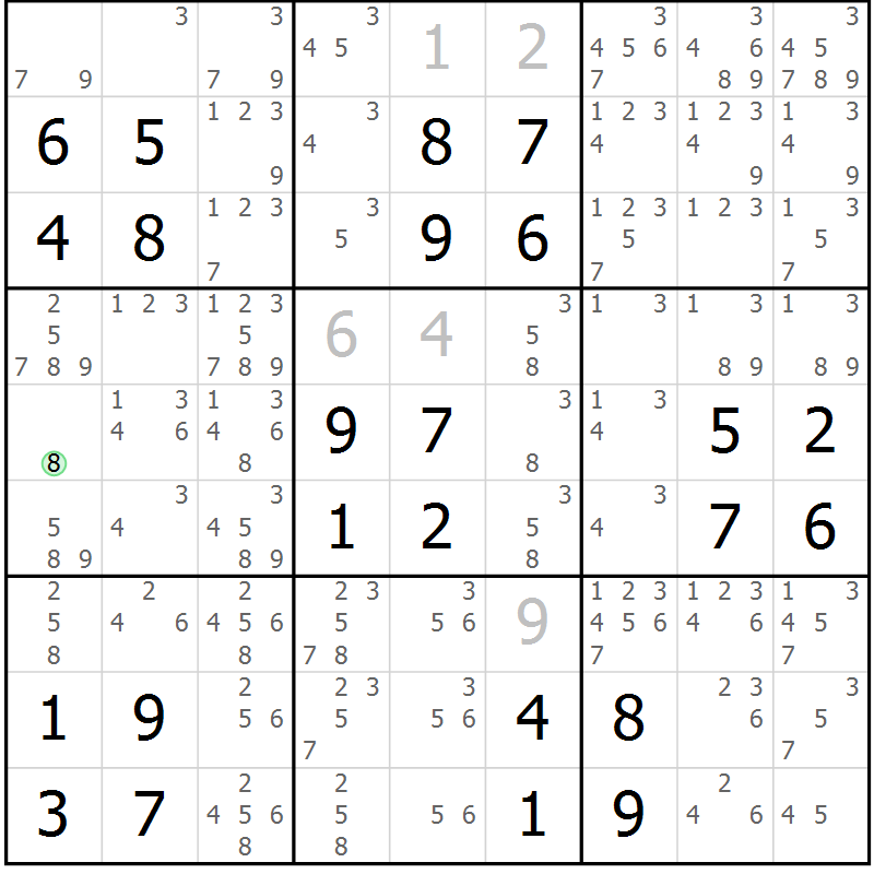 Position des candidats pour la solution de la Gr 104 page 107 du magazine de sudoku Giga sudoku niv 6-8 n° 032