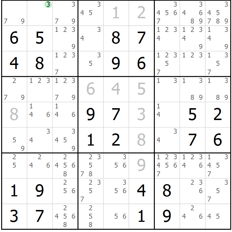 Position des candidats pour la solution de la Gr 104 page 107 du magazine de sudoku Giga sudoku niv 6-8 n° 032