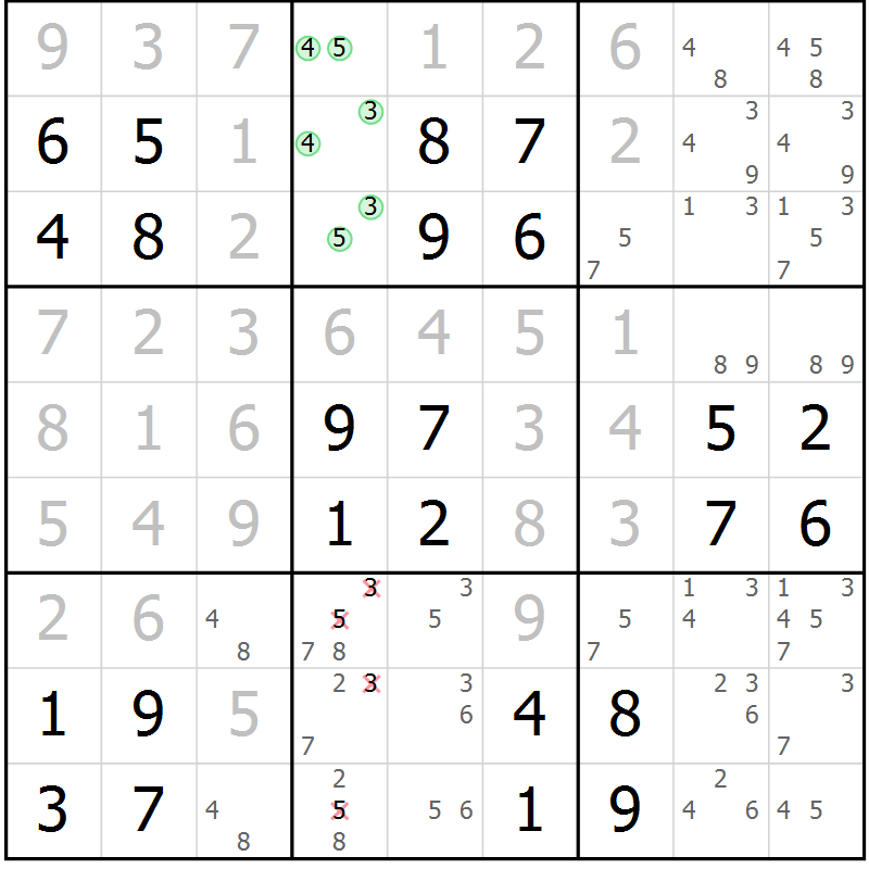 Position des candidats pour la solution de la Gr 104 page 107 du magazine de sudoku Giga sudoku niv 6-8 n° 032