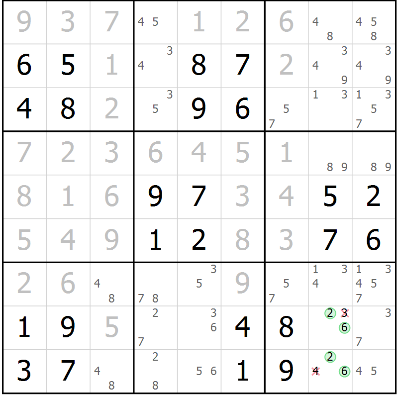Position des candidats pour la solution de la Gr 104 page 107 du magazine de sudoku Giga sudoku niv 6-8 n° 032