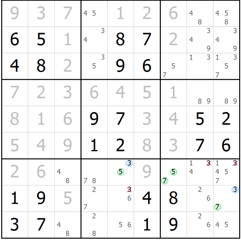 Position des candidats pour la solution de la Gr 104 page 107 du magazine de sudoku Giga sudoku niv 6-8 n° 032