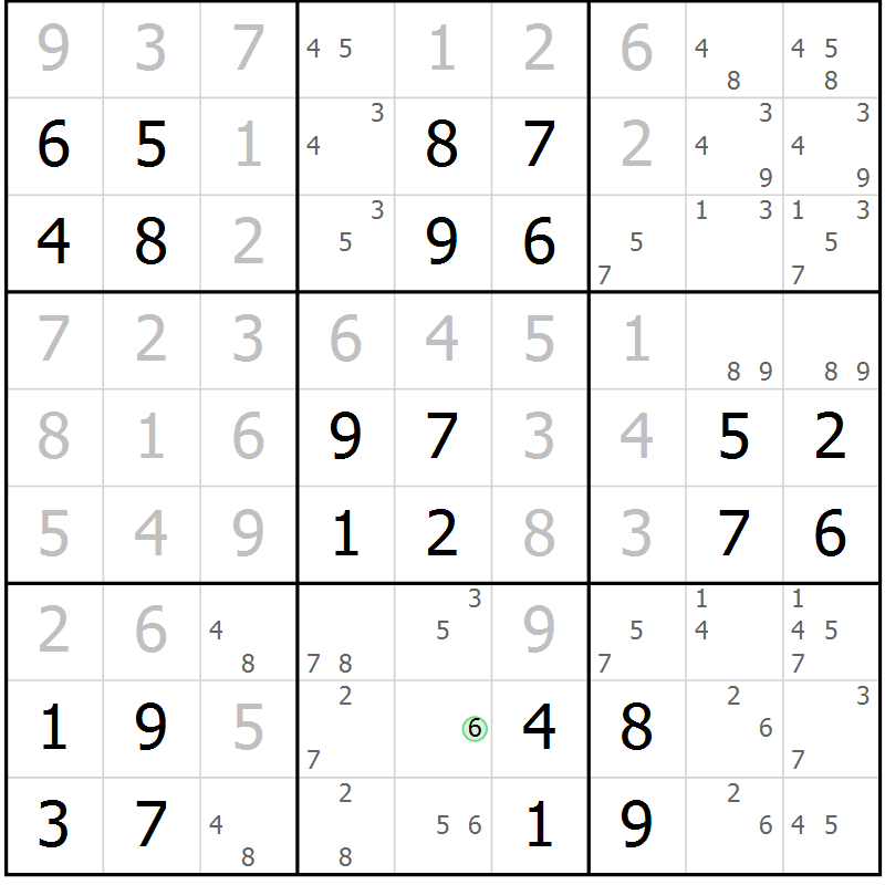 Position des candidats pour la solution de la Gr 104 page 107 du magazine de sudoku Giga sudoku niv 6-8 n° 032