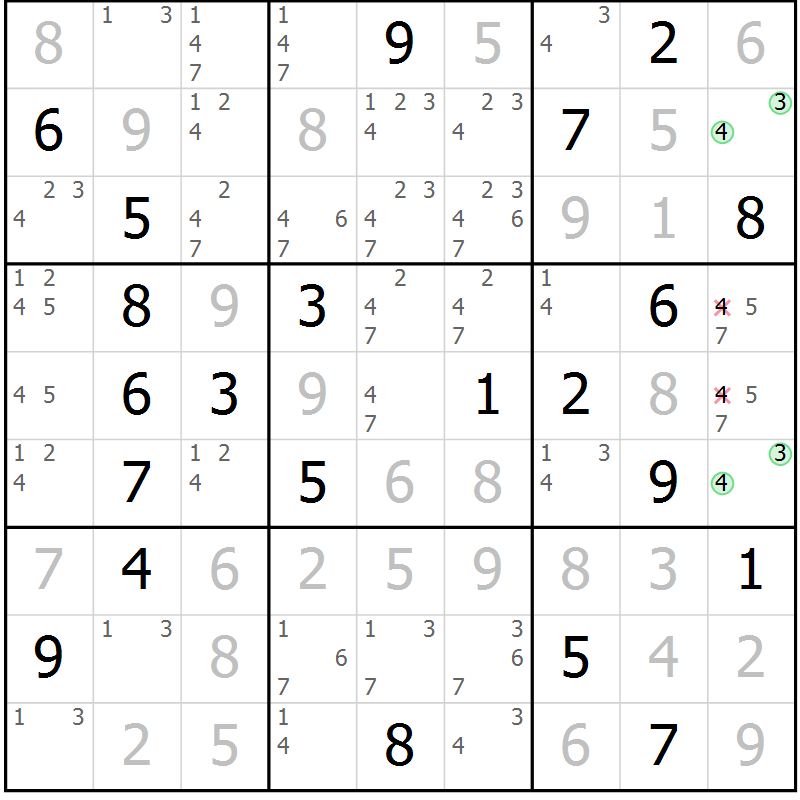 Position des candidats pour la solution de la Gr 105 page 108 du magazine de sudoku Giga sudoku niv 6-8 n° 032