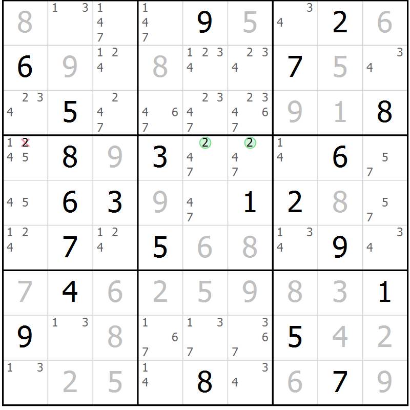 Position des candidats pour la solution de la Gr 105 page 108 du magazine de sudoku Giga sudoku niv 6-8 n° 032