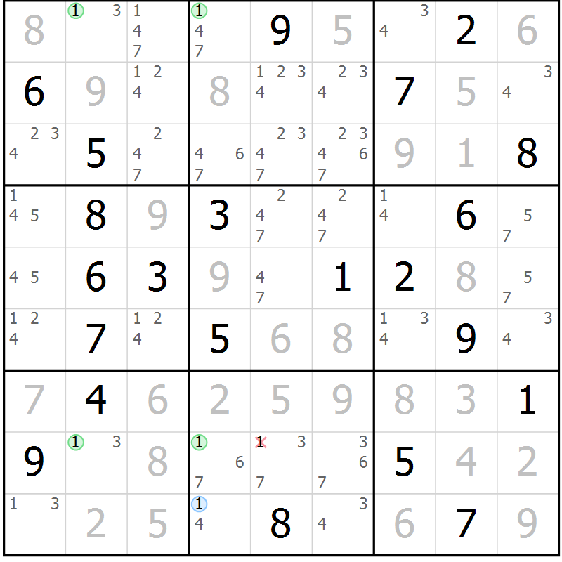 Position des candidats pour la solution de la Gr 105 page 108 du magazine de sudoku Giga sudoku niv 6-8 n° 032