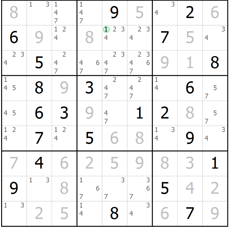 Position des candidats pour la solution de la Gr 105 page 108 du magazine de sudoku Giga sudoku niv 6-8 n° 032