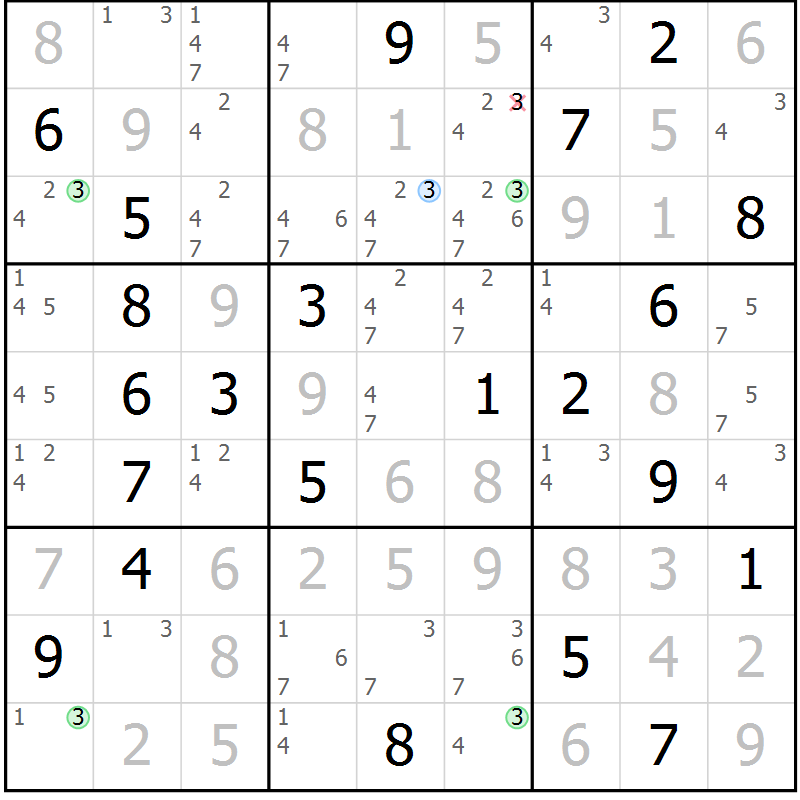 Position des candidats pour la solution de la Gr 105 page 108 du magazine de sudoku Giga sudoku niv 6-8 n° 032