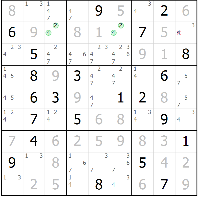 Position des candidats pour la solution de la Gr 105 page 108 du magazine de sudoku Giga sudoku niv 6-8 n° 032