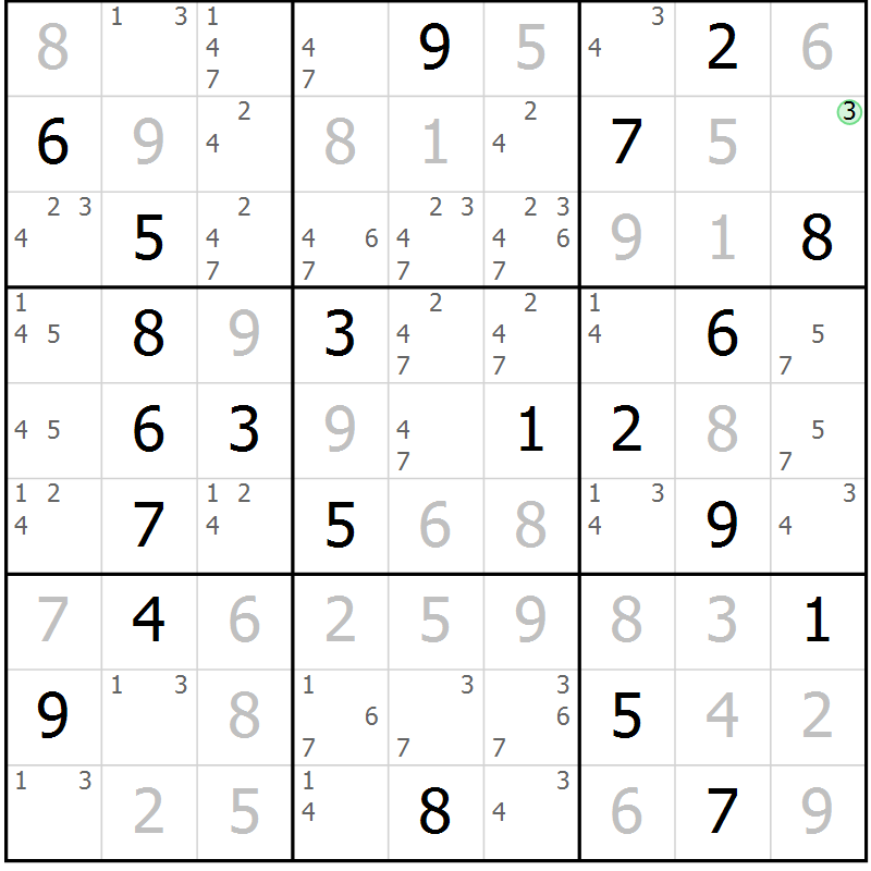 Position des candidats pour la solution de la Gr 105 page 108 du magazine de sudoku Giga sudoku niv 6-8 n° 032