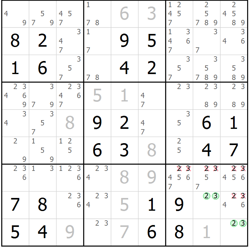 Position des candidats pour la solution de la Gr 106 page 109 du magazine de sudoku Giga sudoku niv 6-8 n° 032