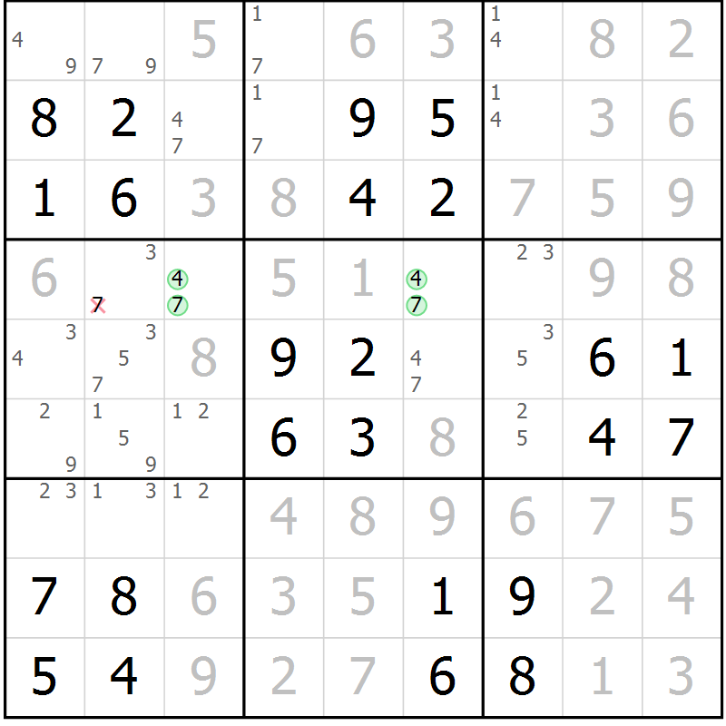 Position des candidats pour la solution de la Gr 106 page 109 du magazine de sudoku Giga sudoku niv 6-8 n° 032