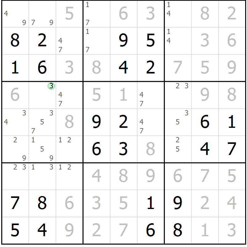 Position des candidats pour la solution de la Gr 106 page 109 du magazine de sudoku Giga sudoku niv 6-8 n° 032