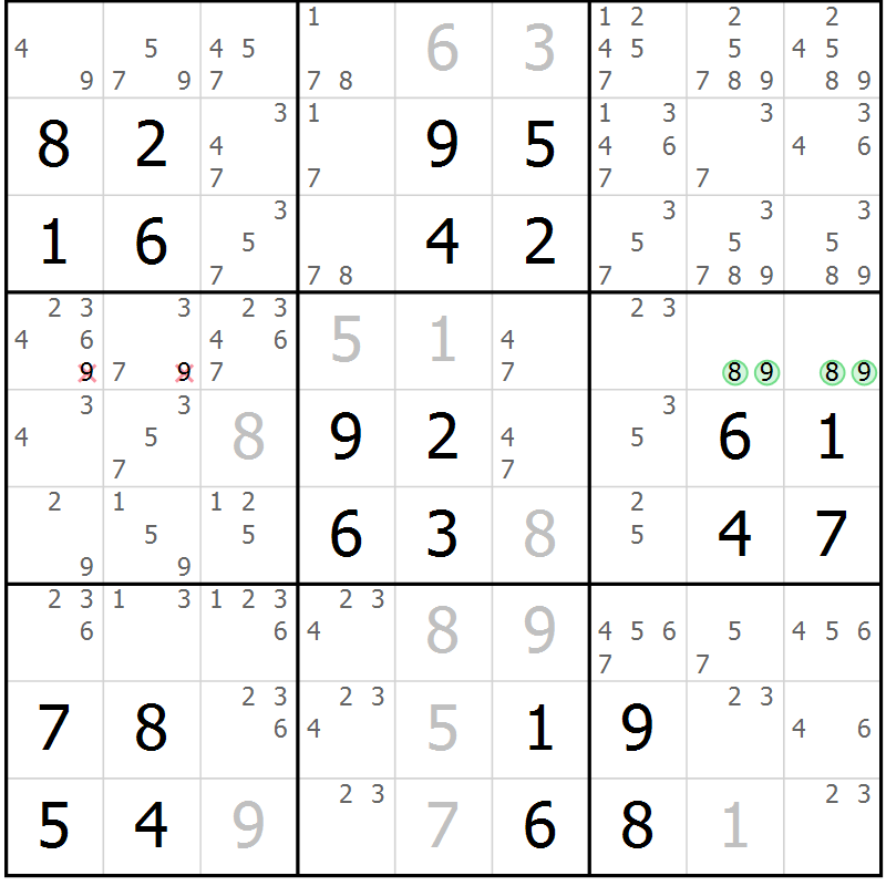Position des candidats pour la solution de la Gr 106 page 109 du magazine de sudoku Giga sudoku niv 6-8 n° 032