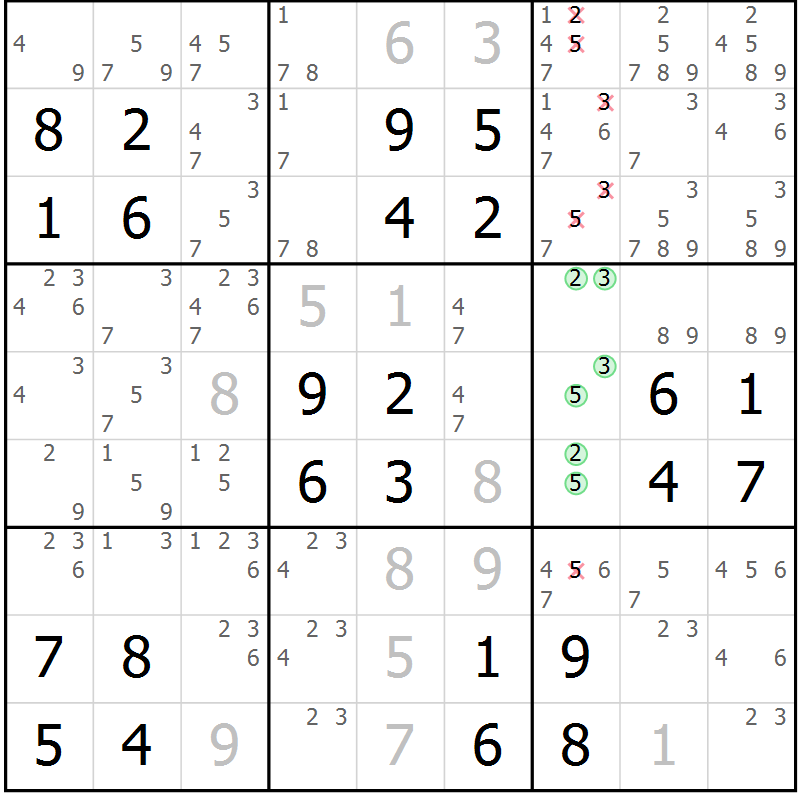 Position des candidats pour la solution de la Gr 106 page 109 du magazine de sudoku Giga sudoku niv 6-8 n° 032