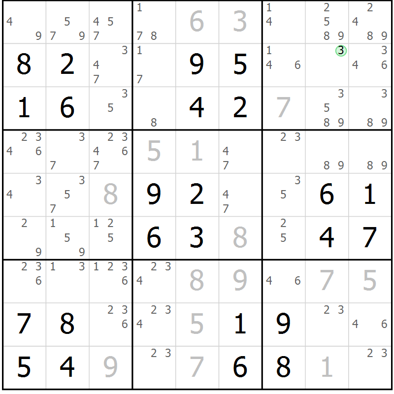 Position des candidats pour la solution de la Gr 106 page 109 du magazine de sudoku Giga sudoku niv 6-8 n° 032