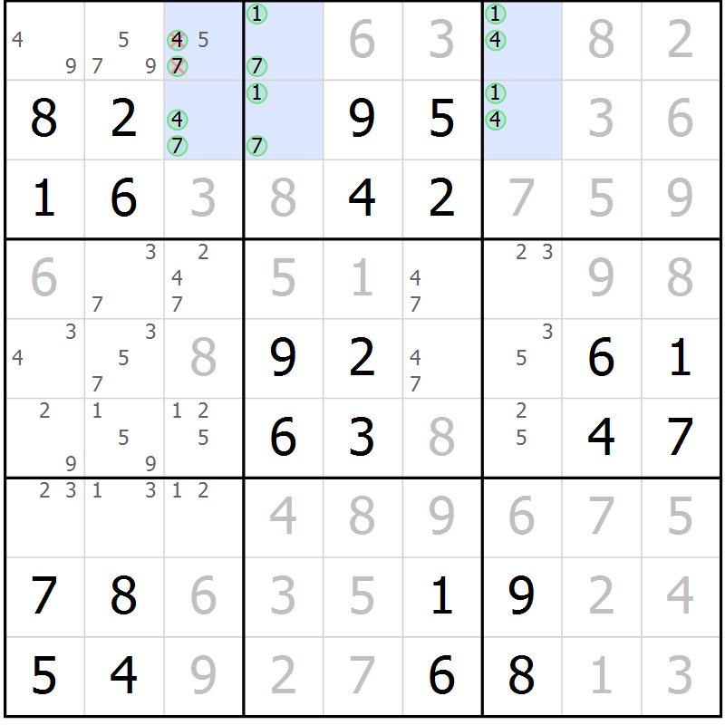 Position des candidats pour la solution de la Gr 106 page 109 du magazine de sudoku Giga sudoku niv 6-8 n° 032