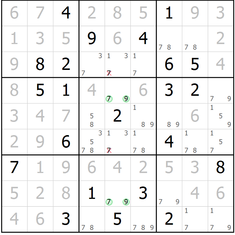 Position des candidats pour la solution de la Gr 107 page 110 du magazine de sudoku Giga sudoku niv 6-8 n° 032