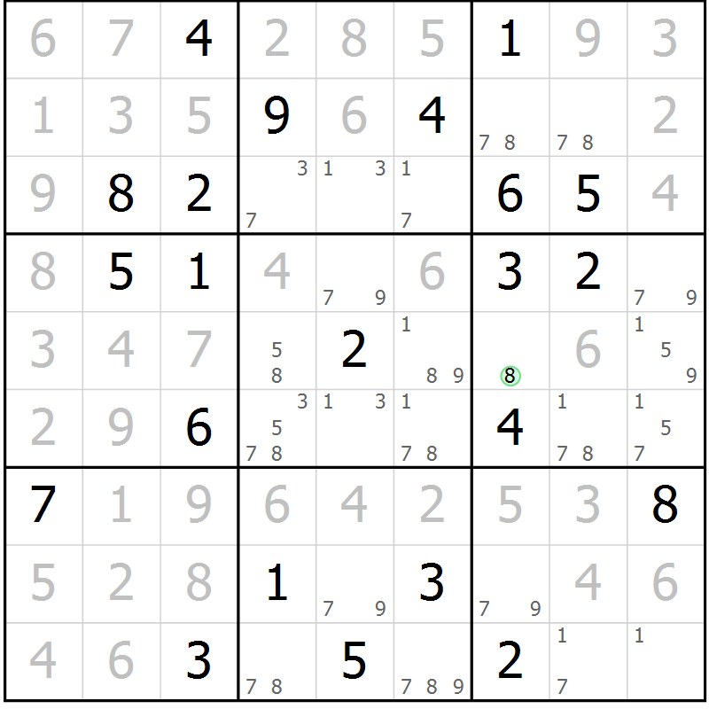 Position des candidats pour la solution de la Gr 107 page 110 du magazine de sudoku Giga sudoku niv 6-8 n° 032