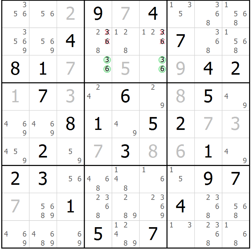 Position des candidats pour la solution de la Gr 108 page 111 du magazine de sudoku Giga sudoku niv 6-8 n° 032