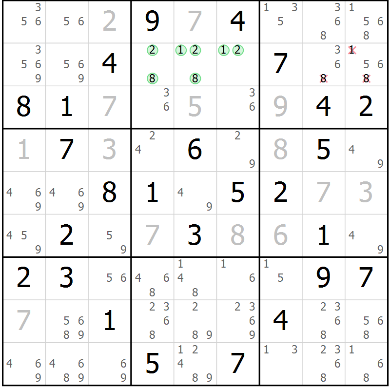 Position des candidats pour la solution de la Gr 108 page 111 du magazine de sudoku Giga sudoku niv 6-8 n° 032