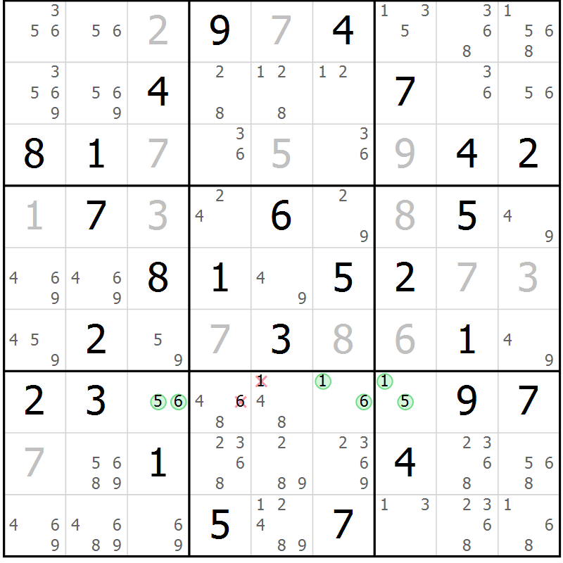 Position des candidats pour la solution de la Gr 108 page 111 du magazine de sudoku Giga sudoku niv 6-8 n° 032