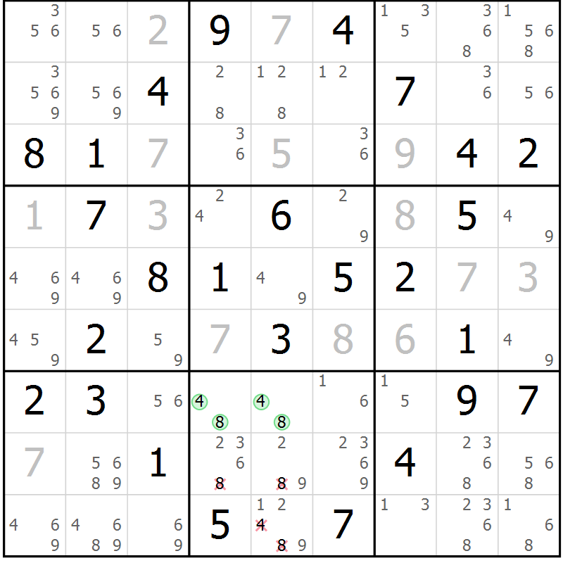 Position des candidats pour la solution de la Gr 108 page 111 du magazine de sudoku Giga sudoku niv 6-8 n° 032